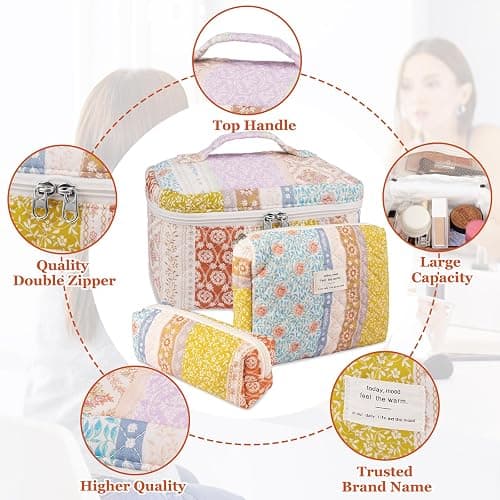 Makeup Bag Set, Quilted Makeup Bag, Large Floral Cosmetic Bag for Women, Cute Cotton Makeup Bag, Flower Travel Toiletry Organizer Bag(Color-Coded Floral) thumbnail 4