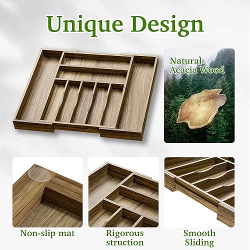 Kiasthome Acacia Wood Kitchen Silverware Drawer Organizer, Expandable Utensil Cutlery Drawer Organizer with Dividers, Flatware Organizer Silverware Tray for Spoon, Fork, 13''-20''x16.9'' (7-9 Slots) thumbnail 5