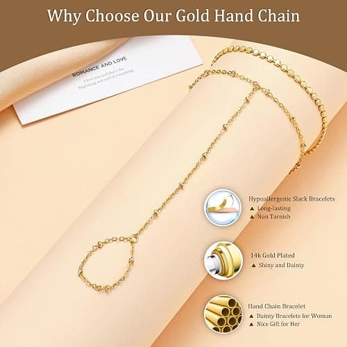 Moodear Gold Hand Chain Bracelet for Women | 14K Gold Plated Hand Chains, Layered Adjustable Satellite Bead Link Ring Bracelets, Hypoallergenic Trendy Jewelry Gift thumbnail 6