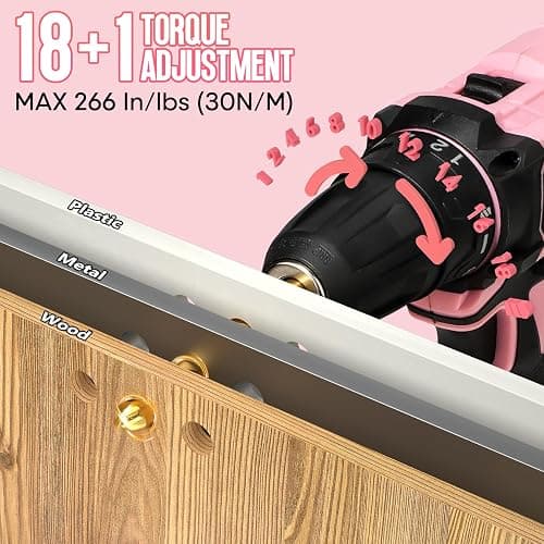 SHALL 247Pcs 20V Cordless Drill Driver & Household Tool Kit for Women, Pink Electric Power Drill Screwdriver and Home Hand Tool Set with 14” Storage Tool Bag for DIY, Home Repair/Maintenance thumbnail 6
