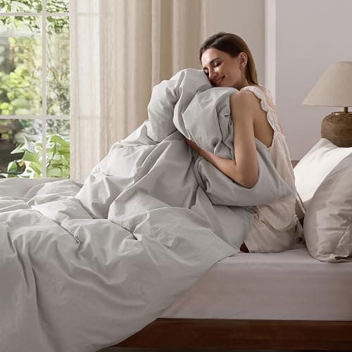 Bedsure 100% Washed Cotton Duvet Cover Queen Size - Light Grey Minimalist Cotton Duvet Cover Linen Like for All Seasons - GentleSoft™ Plain Simple Bedding (Queen, 90"x90") thumbnail 6