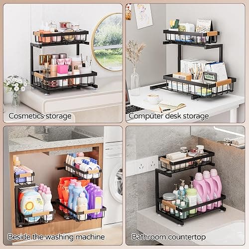 ADBIU Under Sink Organizer, 2 Pack 2 Tier Expandable Height (13.2" - 17.2") Pulling Out Kitchen Bathroom Cabinet Organizers thumbnail 5