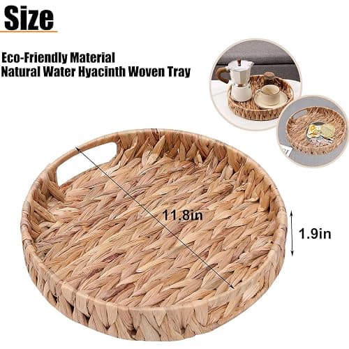 Round Woven Coffee Table Ottoman Tray with Handles - 11.8" x 1.9" Water Hyacinth Wicker Serving Tray, Decorative Storage Basket for Home & Kitchen. thumbnail 3