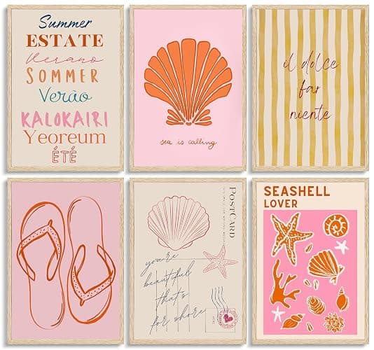 6 Pcs Coastal Style Poster Wall Art,Pink Orange Preppy Style Painting Picture Wall Decor,Beach Seashell and Starfish Canvas Print Artwork,for Bathroom Girl Room Dormitory Home Decoration Unframed - Image 1