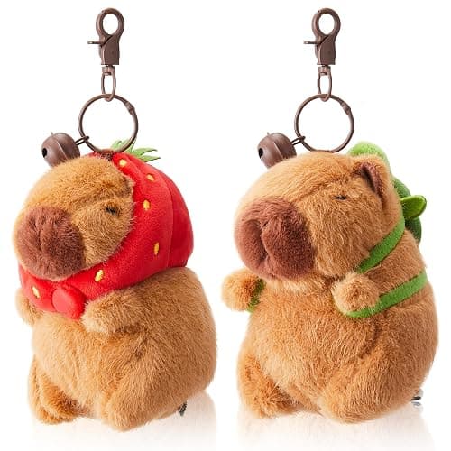 Simgoing 2 Pcs Capybara Plush Keychain Capybara Stuffed Animals Plush Pendant for Graduation Exchange Birthday Party(Turtle Bag, Strawberry Hood) - Image 1