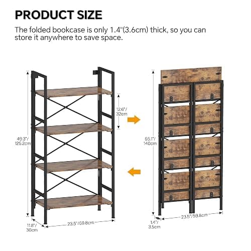 Homeiju Folding Bookshelf,4 Tier Bookcase Foldable Shelf with X-Bracket Design, Adjustable Feet, Space Saving Storage for Living Room, Office, Rustic Brown thumbnail 3
