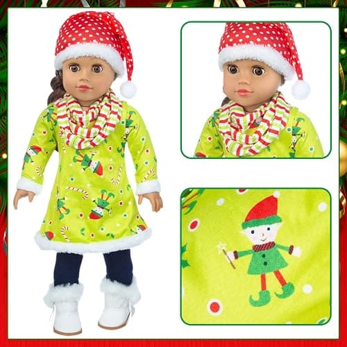 UNICORN ELEMENT 2 Sets Christmas Doll Clothes and Accessories Fit 18 Inch Girl Doll Christmas Santa Costume Including Christmas Dress, Sweater, Hairpin, Hat, Scarf, Boots, etc thumbnail 4