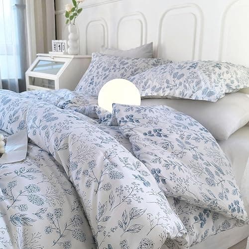 EAVD Blue Floral Comforter Set Full White Soft Microfiber Reversible Floral Bedding Set for Girls and 2 Pillowcases Vintage Garden Botanical Bedding Full Size Comforter Set for All-Season - Image 1