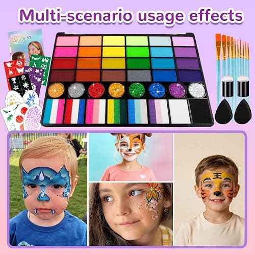 Face Painting Kit for kids, 52 Colors Professional Face Paint Makeup Kit Non-Toxic Water Activated Facepaint Palette, glitter gel, brushes, sponges, stencils for party Halloween School Event Festivals thumbnail 6