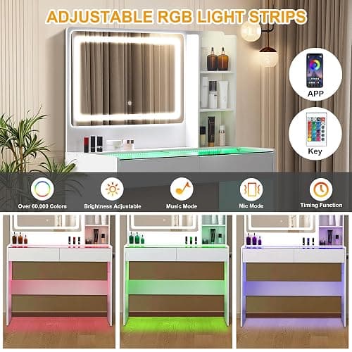 Cielozen Vanity Desk，Transparent Desktop, Multiple Color Ambient Lights, with Mirror and Tri Color Light Strip, Dressing Table with Charging Station, Equipped with 2 Drawers, White thumbnail 4
