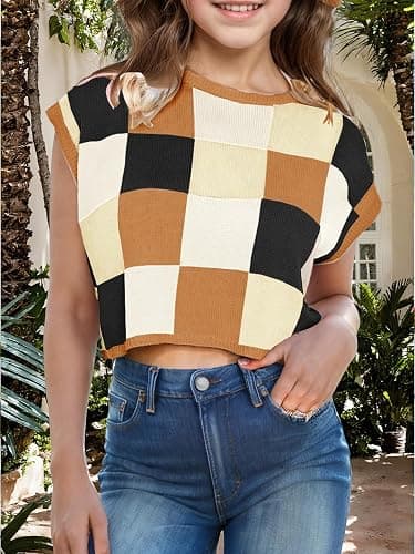 Girls Crop Sweater Tops School Picture Outfits Fashion Summer Fall Cute Cap Sleeve Colorblock Loose Teen Top thumbnail 2