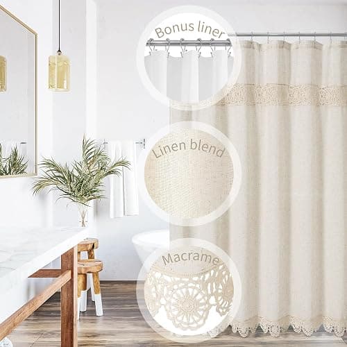 Gibelle Boho Farmhouse Shower Curtain Set, Linen Cotton Fabric Shower Curtain with Macrame Lace Decor, Modern Bohemian French Country Chic Bathroom Curtain with PEVA Liner 72x72 - Beige/Cream thumbnail 2