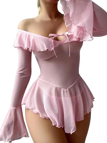 Neohouny Sexy Lingerie for Women Rave Outfits Clubwear See Through Lingerie Sets Bell Sleeve Ruffle Mesh Tops thumbnail 3