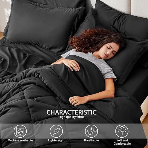 Love's cabin Twin Comforter Set Black, 5 Pieces Twin Bed in a Bag, All Season Bedding Sets with 1 Comforter, 1 Flat Sheet, 1 Fitted Sheet, 1 Pillowcase and 1 Pillow Sham thumbnail 3