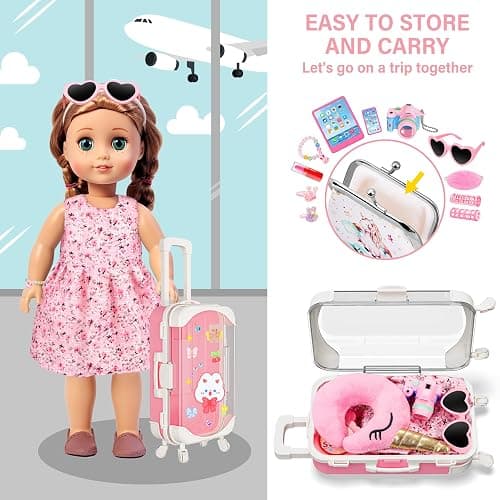 XFBB Doll Suitcase Travel Set, 18 inch Doll Clothes and Accessories - 28 Pcs Travel Pillow, Unicorn Bag, Sunglasses, Camera, Computer, Phone, Passport, Birthday Gift for Age 3 4 5 6 Year Old Girls thumbnail 5