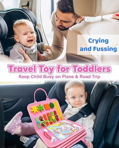 Walenty Busy Board Montessori Toys for Toddler Girl Birthday Gifts, Busy Book Sensory Learning Toys for Toddlers, Educational Activities Airplane Car Travel Toy for Girls thumbnail 2