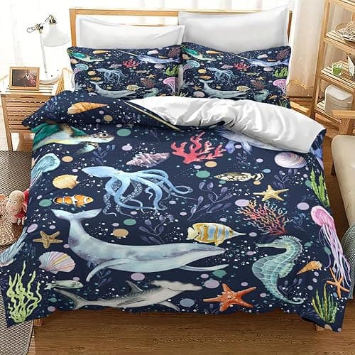 Lnepty Kids Shark Bedding Set,Cartoon Sea Underwater Ocean Whale Turtle Seaweed Blue Funny Marine Animal Kids Toddler Comforter Set with Pillowcase for Bedroom Bed Decor,Twin 86"x70" thumbnail 2