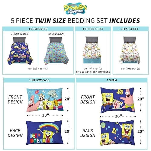 Franco Kids Bedding Super Soft Comforter and Sheet Set with Sham, 5 Piece Twin Size, Spongebob Squarepants thumbnail 5
