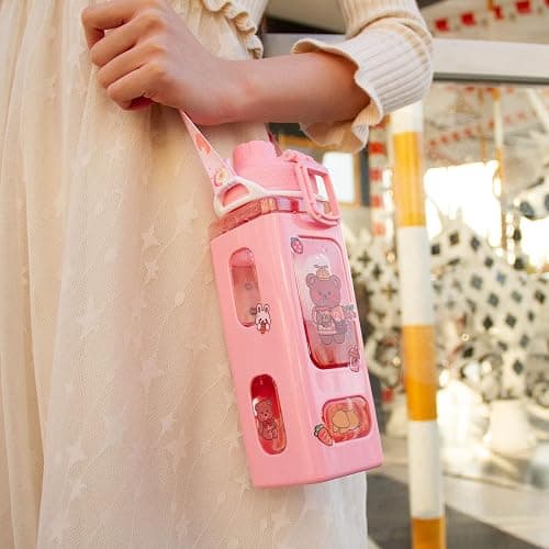GMKD Kawaii Water Bottle for Girls Cute Kids Water Bottles with Straw Square Drinking Bottle, Portable Leakproof Water Jug for School, 24 oz (Pink-700ml) thumbnail 4