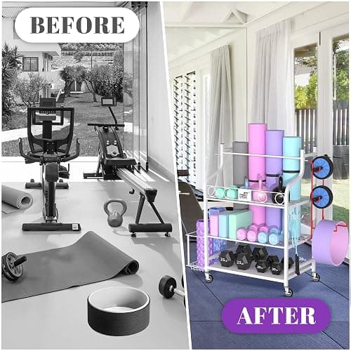 Mythinglogic Yoga Mat Storage Racks,Home Gym Storage Rack for Dumbbells Kettlebells Foam Roller, Yoga Strap and Resistance Bands, Workout Equipment Storage Organizer With Hooks and Wheels thumbnail 8
