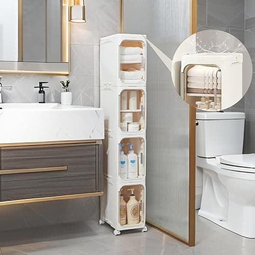 2-Tier Narrow Storage Cabinet Slim Bathroom Skinny Organizer with Wheels | Slim Storage Cabinet with Lockable Rolling Wheels Adjustable Detachable Shelves Snap Assembly for Small Spaces,Snow White thumbnail 7