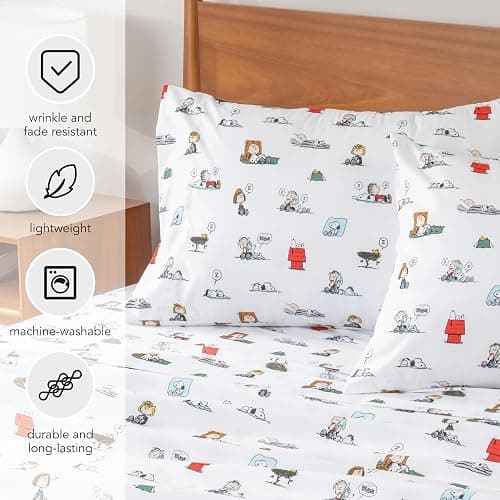 Berkshire Blanket Peanuts® Kids Sheet Set, Twin Size - 3 Pieces, Peanuts® Sleeping Colorized Sheet Scale White, Cute Character Snoopy Printed Soft Microfiber Bed Sheets thumbnail 9