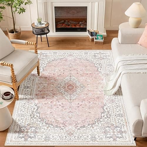 Brakki Pink Rug 3x5 for Bedroom, Washable Area Rug for Living Room Dining Room Entryway, Non Slip Vintage Boho Rug for Kitchen, Soft Low Pile Stain Resistant Floor Carpet Indoor - Image 1