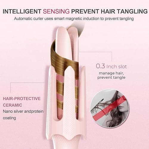 Auto Rotating Hair Curler - 4 Temperature and Timer Settings, Automatic Curling Iron with Automatic Shut-Off, Anti-Tangle and Scalding, Curling Wand for Long Lasting Curls (Pink) thumbnail 6
