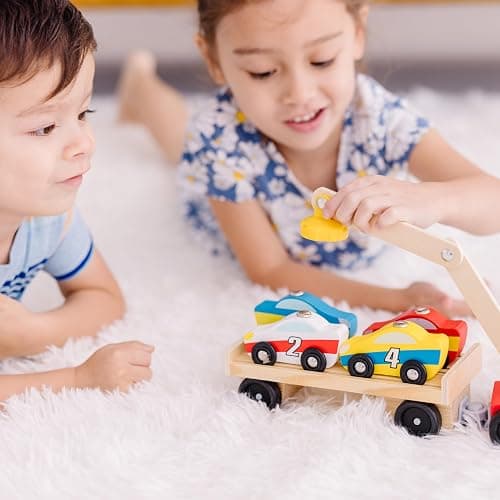 Melissa & Doug Magnetic Car Loader Wooden Toy Set with 4 Cars and 1 Semi-Trailer Truck Crane Wooden Toy, Vehicle Toys for Kids Ages 3+ thumbnail 6