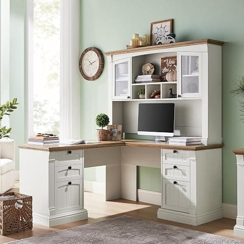 OKD 60" L Shaped Executive Desk with Hutch and Drawers, Farmhouse Home Office Desk with Charging Station, File Cabinet Storage, Wood Corner Computer Desk for Work and Study, Antique White thumbnail 3