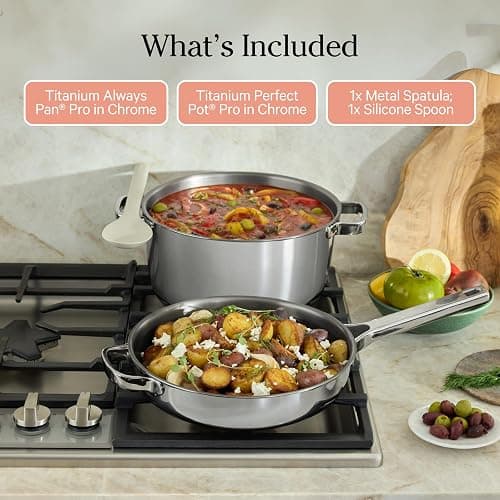 Our Place Titanium Pro Cookware Duo – Always Pan & Perfect Pot with Nonstick No-Coating Technology | Tri-Ply Titanium & Stainless Steel | Safe for Oven, Induction & All Cooktops up to 1000°F | Chrome thumbnail 7