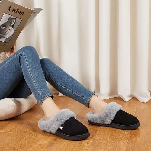 NineCiFun Women's and Men's Memory Foam House Slippers, Faux Fur Lined Indoor Fuzzy Slippers with No-slip Sole, Slip on Suede Home Shoes, Warm Winter Gift for Women & Men thumbnail 2