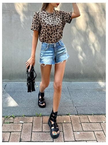 RoseSeek Women's Y2k Cheetah Print Top Leopard Print Tops Short Sleeve Loose Basic Animal Print Summer T Shirt thumbnail 4