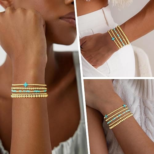 Turandoss 5PCS Gold Beaded Bracelets for Women Teen Girls, 14K Gold Plated | Gold Beaded Bracelet Stack, Dainty Turquoise Cross Pearl Round Ball Bracelet Set, Women Teenage Girls Birthday Gifts Jewelry thumbnail 4