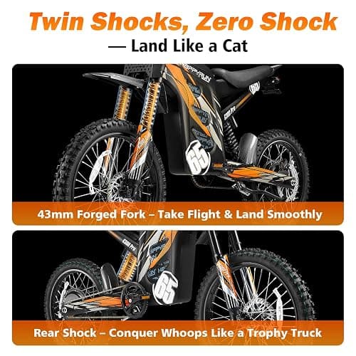 HAPPYRUN G300 Pro Electric Dirt Bike for Adults, 72V 30Ah Battery, 6500W Motor, 50 MPH Speed, 70 Mile Range, 350 Lbs Load Capacity, Hydraulic Brakes Black (Orange) thumbnail 7