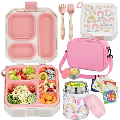 wiwens Bento Lunch Box for Kids with 12oz Soup Thermo Leak-Proof Lunch Food Container with 5 Compartment Thermo Hot Food Jar and Insulated Lunch Bag for Kid Toddler Girls Boys to School - Image 1