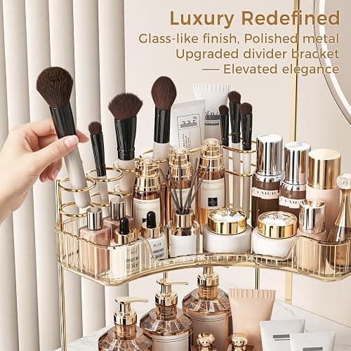 BEFSOP Corner Bathroom Counter Organizer, Upgraded 3-Tier Makeup Organizer Countertop with Makeup Brush Holder, Skincare Exquisite Vanity Organizers Countertop Bathroom Storage Dresser(GOLD) thumbnail 4