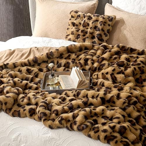 Cozy Bliss Cheetah Leopard Print Faux Fur Throw for Couch, Fuzzy Soft Plush Thick Bubble Blanket for Sofa Bedroom Living Room, 50x60 Inches Brown thumbnail 3