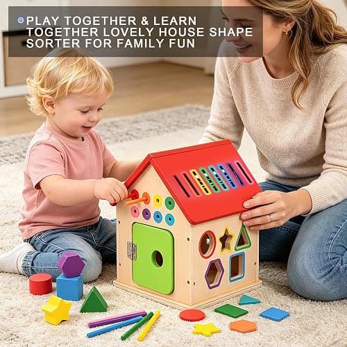 Wooden Shape Sorter Activity Cube, Montessori Toy for Toddlers 3+ Years Old | Multi-Functional Busy House Baby Color Sorting Educational Learning Toy, Birthday Gifts for Boys Girls thumbnail 7