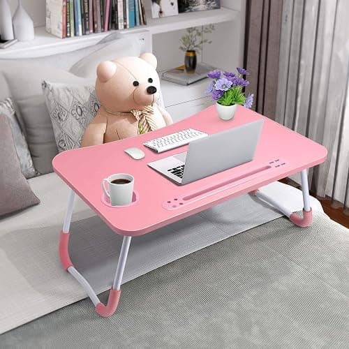 Slendor Lap Desk with Cup Holder, Foldable Laptop Table for Bed, Portable Bed Desk for Laptop and Writing, Computer Tray with Tablet Slot, Notebook Stand Reading Holder for Couch Sofa Floor,Pink thumbnail 2