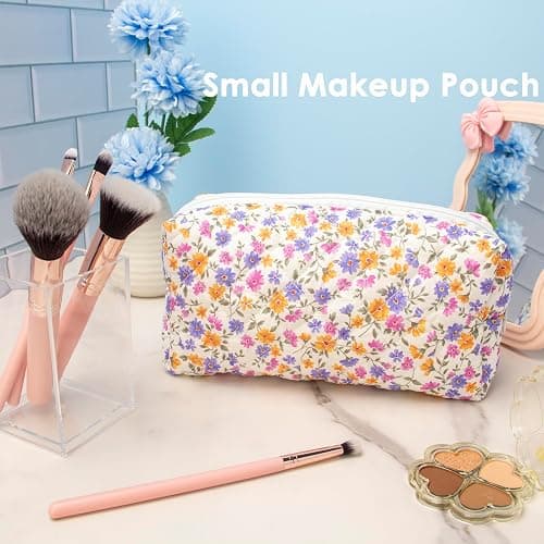 PAZIMIIK Vintage Quilted Makeup Bag Cosmetic Pouch for Brushes Pencils and Travel Make Up Accessories for Women and Girls,Little flower thumbnail 2