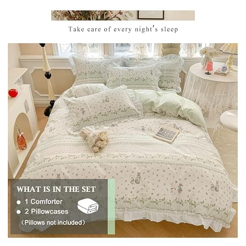 VM VOUGEMARKET Girls Flower Comforter Set Green Leaves with Cute Rabbit Comforter with 2 Pillow Shams Romantic Ruffle Down Comforter Set(3pcs,Queen) thumbnail 2