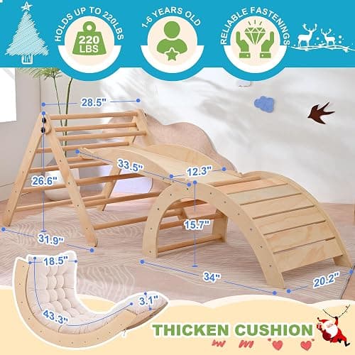 OLLIKIVI Pikler Triangle Set with Cushion, Indoor Climbing Toy Set for Toddlers, Montessori Foldable Indoor Playground, Wodden Jungle Gym with Ramp and Arch Climber for 1-6 Years Old Kids thumbnail 3