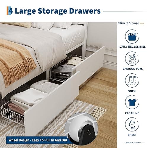 Garvee Rattan Full Bed Frame with LED Headboard (7 Colors), Boho Cane Platform Bed with 4 Large Drawers, Strong Metal Slats Support, Noise Free, No Box Spring Needed, Easy Assembly, White thumbnail 4