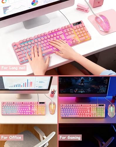 Wired Pink Gaming Keyboard and Mouse Combo with LED Backlit for PC Laptop | Multimedia Function Keys, 19 Key Anti-ghosting, Number Pad, 104 Keys Light Up Keyboard & RGB Mouse Set for Computer PS5 Xbox thumbnail 4