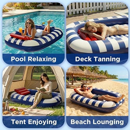 Funscape Inflatable Tanning Pool Floats W/Water Sprinkle, Floating Pool Lounger Floties for Adults, Blow up Sun Bath Tan Bed, Swim Raft Water Mat W/Pillow, Beach Lake Yard Summer Party Gifts (Blue) thumbnail 8