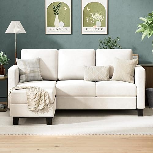 VICTONE Convertible Sectional Sofa Couch, 3 Seat L-Shaped Sofa with Linen Fabric Ottoman Small Couch for Small Apartments, Living Room and Office (Linen Fabric, White) thumbnail 3