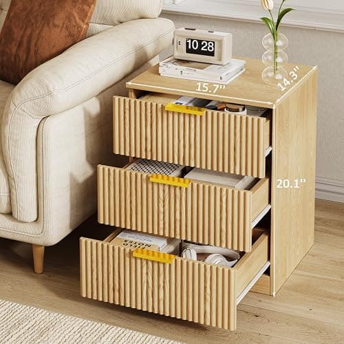 Fluted Night Stand Set of 2, Modern Nightstand with 3 Drawers and Metal Handle, 13.4" D x 15.7" W x 20.1" H, Wooden Bedside Table End Table for Bedroom, Natural thumbnail 5