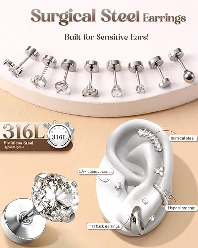 Hypoallergenic Cartilage Earrings for Women 20G Helix Piercing Jewelry Earring Flat Back Surgical Stainless Steel Gold Stud Hoop Cartilage Earring Set Daith Tragus Conch for Multiple Piercing Single thumbnail 3