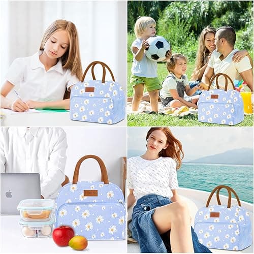 Coobiiya Lunch Bag Lunch Box for Women Men, Reusable Cute Lunchbag - Leakproof, Adult Insulated Lunch Box Tote with Large Capacity, Cooler Container for Work, Travel, Office (Blue Daisy) thumbnail 6